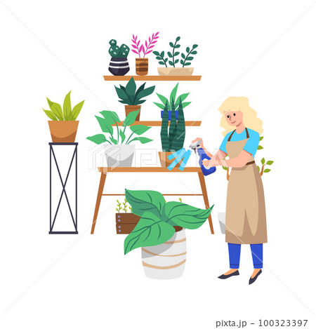Smiling florist woman caring for plants flat style, vector illustration 100323397