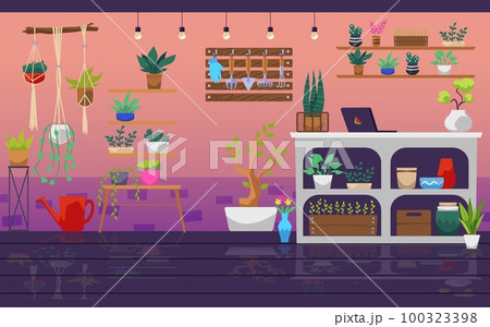 Flower shop interior, houseplants store - flat vector illustration. 100323398