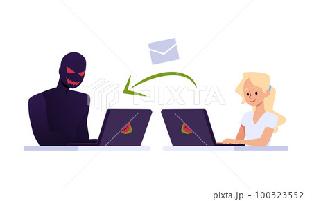 Girl sending personal information to anonymous stranger, flat vector illustration isolated on white background. Girl sending personal information to anonymous stranger, flat vector illustration isolated on white background. 100323552