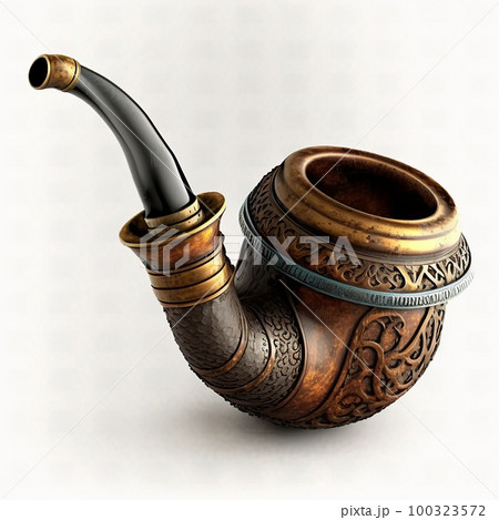 Antique retro wooden tobacco smoking pipe with patterns isolated on white, close-up	 100323572