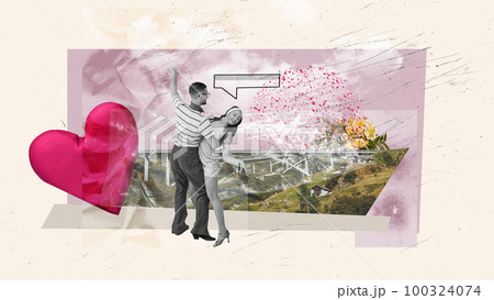 Contemporary art collage. Creative design. Romantic date. Beautiful young couple, happy man and woman dancing, celebrating dating anniversary Contemporary art collage. Creative design. Romantic date. Beautiful young couple, happy man and woman dancing, celebrating dating anniversary 100324074
