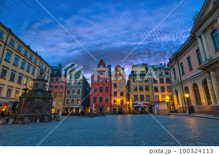 Stockholm Sweden, night city skyline at Gamla Stan old town and Stortorget town square 100324113