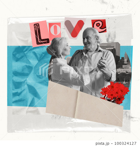 Contemporary art collage. Creative design. Marriage anniversary. Senior man and woman, grandparents celebrating relationship anniversary 100324127