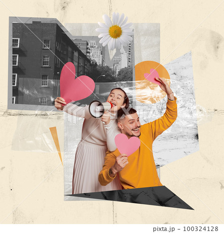 Contemporary art collage. Creative design. Happy young smiling couple, man and woman over city photos background. Romantic travelling 100324128