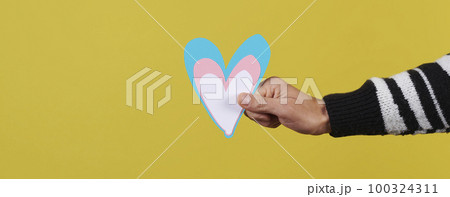 holding a blue, pink and white heart, banner 100324311
