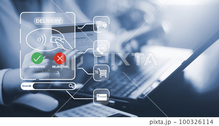 Smartphone with Online payment ,Hand touch banking online bill payment Approved concept button, credit card and network connection icon on business technology virtual screen background Smartphone with Online payment ,Hand touch banking online bill payment Approved concept button, credit card and network connection icon on business technology virtual screen background 100326114