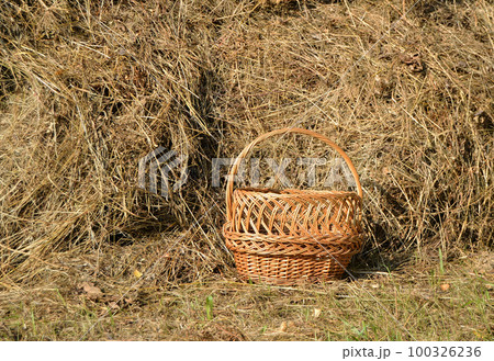 Wicker basket near hay stack on a hot Sunny summer day 100326236