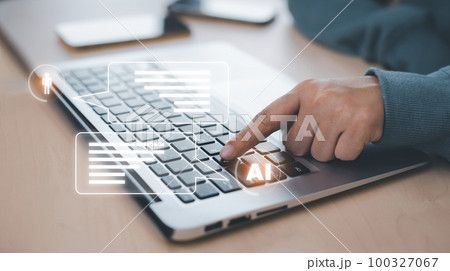 Laptop with Artificial Intelligence (AI),on the big data network, Digital transformation technology strategy, internet of things. transformation of ideas and technology in business in the digital 100327067