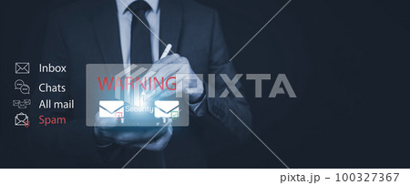 Email concept with laptop spam and virus computer monitor internet security concept, Businessman touch bin mail with a laptop. Spam, junk and e-marketing on screen, Spam Email Pop-up Warning. 100327367