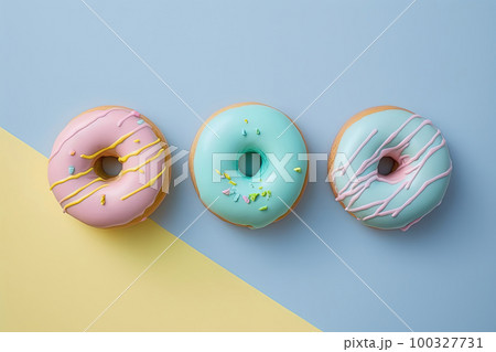 Donuts on bright colorful background. Top view, flatlay 100327731