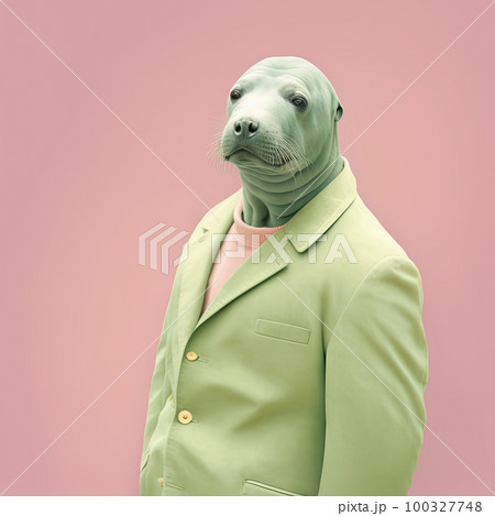 Fashion seel in suit. Pop art modern style and lifestyle concept. Contemporary art, creative idea. Generative AI 100327748