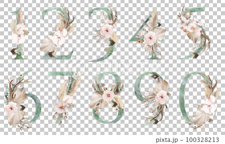 Watercolor green numbers with antlers, dried leaves and tropical flowers bouquet, Boho illustration 100328213