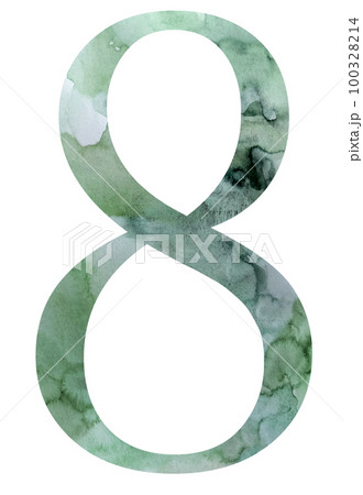 Watercolor teal green number 8 isolated illustration, summer design element 100328214