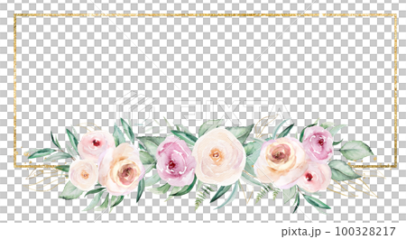 Horizontal Frame with pink watercolor flowers and light green leaves, wedding illustration 100328217