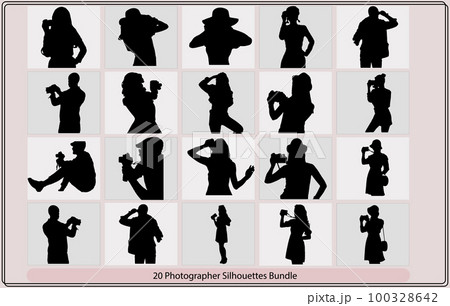 Photographers silhouettes ,photographers silhouettes collection,Set silhouettes man photographing,Realistic illustration of silhouettes of a standing and kneeling man photographer Photographers silhouettes ,photographers silhouettes collection,Set silhouettes man photographing,Realistic illustration of silhouettes of a standing and kneeling man photographer 100328642