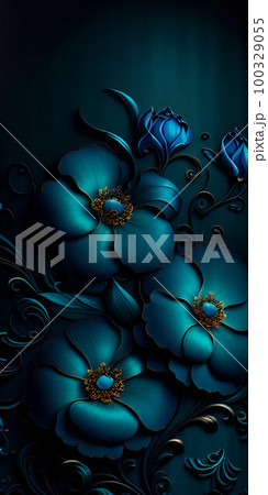 a close up of a bunch of blue flowers, dark flower pattern wallpaper, blue rose petals, flowing teal 100329055
