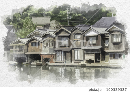風景画　京都 伊根　水彩画 水彩画風 伊根 伊根の舟屋 京都府与謝郡伊根町のイラスト素材