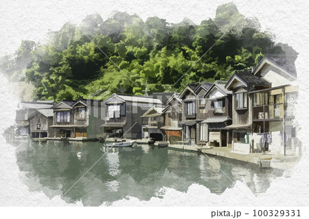 水彩画風 伊根 伊根の舟屋 京都府与謝郡伊根町のイラスト素材 水彩画風 伊根 伊根の舟屋 京都府与謝郡伊根町のイラスト素材