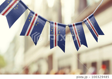 A garland of Cape Verde national flags on an abstract blurred background 100329485