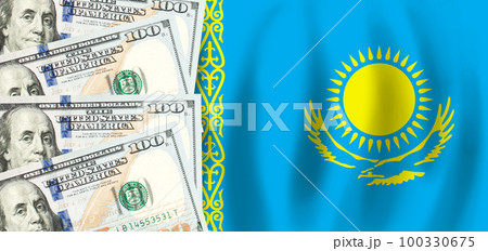 Dollars on flag of Kazakhstan. Kazakhstan finance, subsidies, social support, GDP concept 100330675