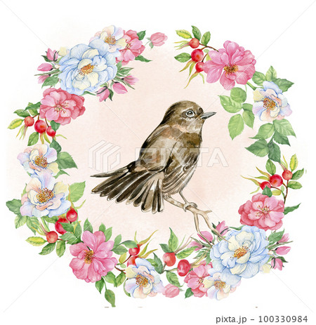 Watercolor hand drawn bird with flower frame. Sparrow on white background. Illustartion on a white isolated background. Perfect for wedding invitation, greetings card, posters, party decor. Watercolor hand drawn bird with flower frame. Sparrow on white background. Illustartion on a white isolated background. Perfect for wedding invitation, greetings card, posters, party decor. 100330984