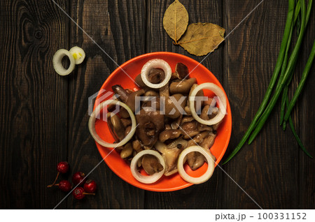 Suillus luteus or Boletus luteus mushrooms marinated in a plate with spices and onions on a vintage table. Top view Suillus luteus or Boletus luteus mushrooms marinated in a plate with spices and onions on a vintage table. Top view 100331152