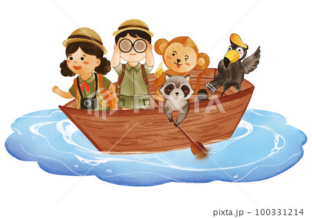 Kids with camping suit and wildlife animals on boat . Realistic watercolor paint with paper textured . Cartoon character design . Vector . 100331214