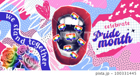 Pride month, halftone collage in contemporary punk grunge style. Concept of lgbt, pride, love, human rights, equality, diversity. Modern vector poster with dotted mouth, roses in colors of flags 100331445