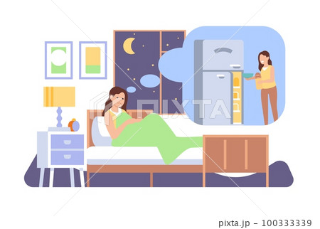 Woman cant sleep from feeling hungry at night. Girl dreams of eating. Female imagining food in refrigerator. Person lying and thinking about snacks. Bedroom insomnia. Vector concept 100333339
