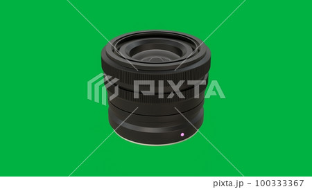 Exploring the Technology of Interchangeable Lenses: Fixed Focal Length Lens with Internal Focusing for Digital Cameras in perspective, 3D rendering, isolated on green chroma key backdrop for masking 100333367