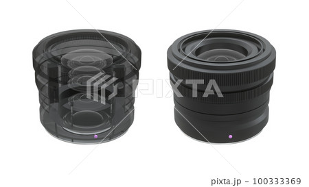 Exploring the Technology of Interchangeable Lenses: Fixed Focal Length Lenses with Internal Focusing for Digital Cameras in perspective, solid body and semitransparent, optical scheme and focusing 100333369