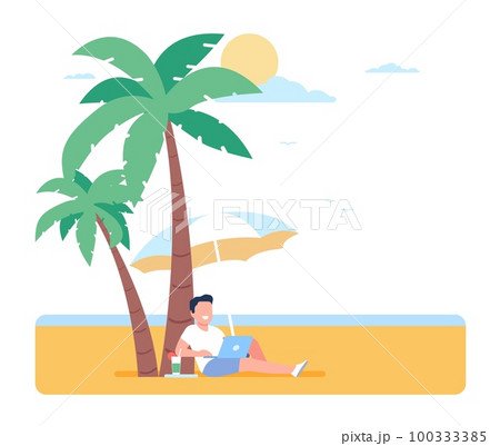 Freelance man working with laptop on beach. Remote job. Happy male entrepreneur relaxing under palms and umbrella. Summer vacation. Freelancer lying on sea shore sand. Vector concept 100333385