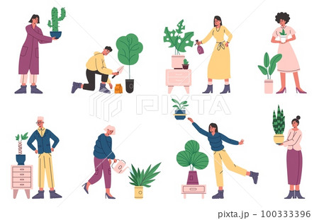 Cartoon happy people care room plants. Green cozy environment. Interior houseplants. Flowers growing in pots. Persons planting cactus and ficus in flowerpots. Vector home gardening set Cartoon happy people care room plants. Green cozy environment. Interior houseplants. Flowers growing in pots. Persons planting cactus and ficus in flowerpots. Vector home gardening set 100333396