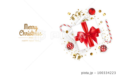 Christmas banner. Xmas background design with realistic gift box, snowflake and golden confetti glitter. Horizontal Christmas poster, greeting cards, headers, website 100334223