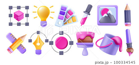 3D design art icon set, vector customise graphic creative badge kit, paint bucket brush, idea bulb.  100334545