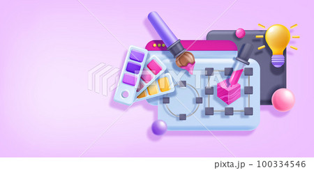 3D website design banner, vector UI UX page redesign illustration, interface design tools, palette.  100334546