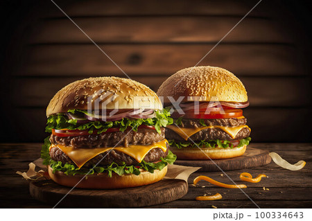 Two beef burgers with d tomato sauce on a wooden cutting board.  100334643