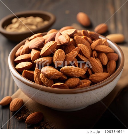 Almonds in a ceramic bowl on a wooden background. 100334644