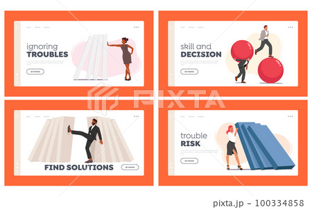 People Deal with Problems Landing Page Template Set. Sad And Cheerful Men or Women Overloaded With Problems Or Tasks 100334858