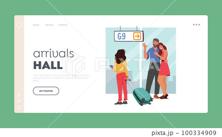 Arrival Halls Landing Page Template. Parents And Daughter Meet in Airport. Joy Of Being Reunited With Loved Ones Concept 100334909