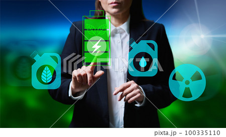 Green energy selection, woman hands touching renewable alternative eco energy icon 100335110