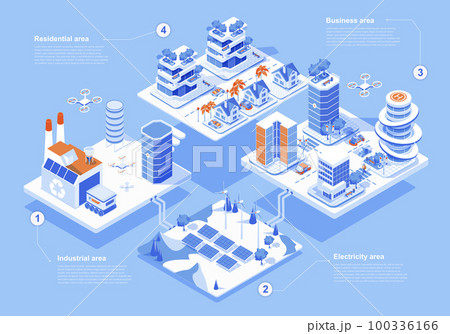 Smart city concept 3d isometric web people scene with infographic. Urban infrastructure with industrial, electricity, business and residential areas. Vector illustration in isometry graphic design Smart city concept 3d isometric web people scene with infographic. Urban infrastructure with industrial, electricity, business and residential areas. Vector illustration in isometry graphic design 100336166