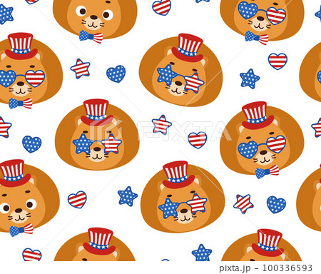 Cute little lion head in USA patriotic hat seamless childish pattern. Funny cartoon animal character for fabric, wrapping, textile, wallpaper, apparel. Vector illustration Cute little lion head in USA patriotic hat seamless childish pattern. Funny cartoon animal character for fabric, wrapping, textile, wallpaper, apparel. Vector illustration 100336593