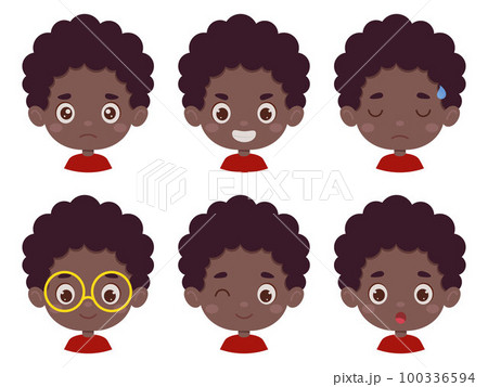 Cute cartoon little kid african boy in various expressions and gesture. Cartoon child character showing different emotions. Vector illustration 100336594