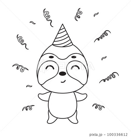 Coloring page cute little sloth in birthday hat. Coloring book for kids. Educational activity for preschool years kids and toddlers with cute animal. Vector stock illustration Coloring page cute little sloth in birthday hat. Coloring book for kids. Educational activity for preschool years kids and toddlers with cute animal. Vector stock illustration 100336612