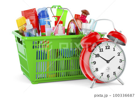 Shopping basket with cosmetic products with alarm clock, 3D rendering Shopping basket with cosmetic products with alarm clock, 3D rendering 100336687