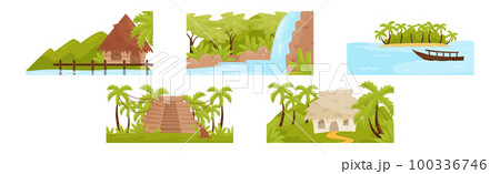 Tropical Islands Scene with Palm Trees as Exotic Adventure Vector Set Tropical Islands Scene with Palm Trees as Exotic Adventure Vector Set 100336746