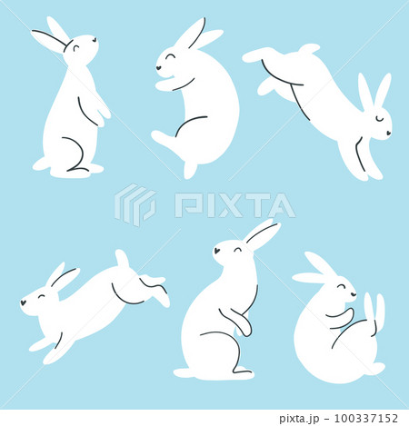 Set of minimalistic easter bunny. Vector illustration of rabbit silhouettes, farm animal in different poses for card, print, poster, web design Set of minimalistic easter bunny. Vector illustration of rabbit silhouettes, farm animal in different poses for card, print, poster, web design 100337152