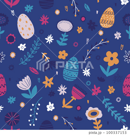 Colorful hand drawn Easter seamless pattern with plants, flowers, easter eggs. Vector background for Easter cards, wrapping paper, textile, banner, wallpaper, web design 100337153