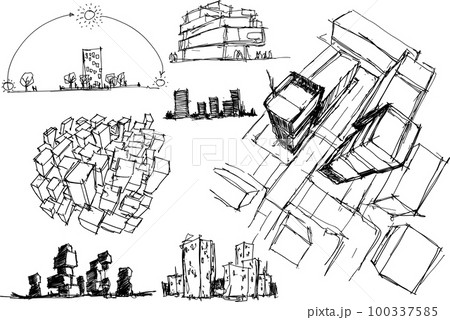 many hand drawn architectectural sketches of a modern architecture and urban ideas, buildings and people 100337585